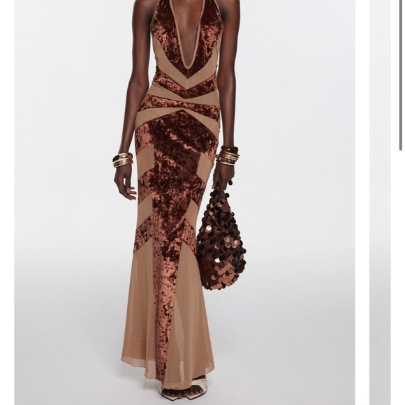 Brown and Cream Plunge Maxi Gown - Picture 1 of 4